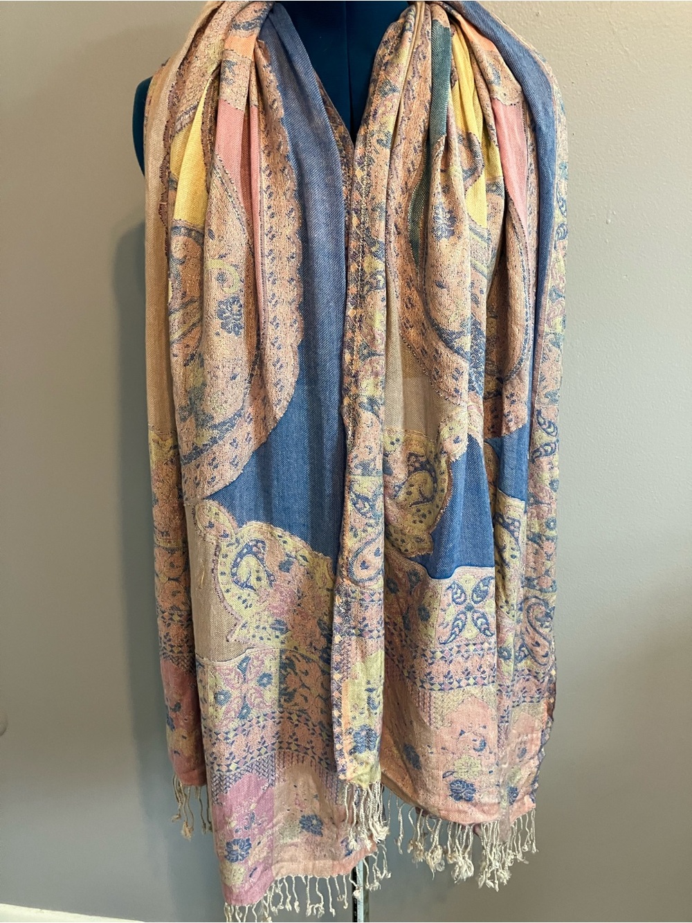 Paisley Pattern Lightweight Fringe Pashmina feel  Scarf in Blue, Pink & Yellow